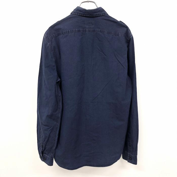 H＆M エイチアンドエム S メンズ シャツ エポレット 無地 両胸フラップポケット レギュラーカラー 長袖 袖ロールアップ 綿100% ネイビー 紺 | H&M | 01