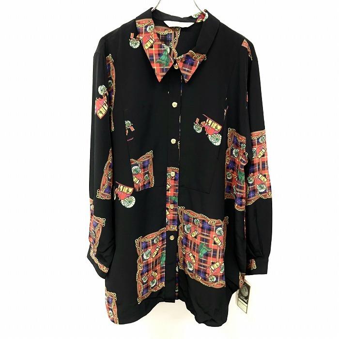 【新品】Michel Basset SAN MARINO 薄手 総柄シャツ 馬車×ベルト柄×チェック 長袖 日本製 ポリ100% F ブラック 黒 売れ筋商品|||レディース