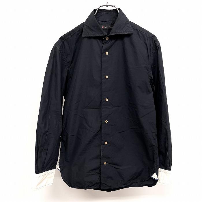 リーセンシーオブマイン RECENCY OF MINE シャツ 無地 ホリゾンタルカラー フレンチフロント 長袖 ポケット無し 綿100% 44 ネイビー メンズ | 