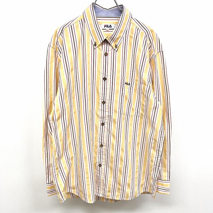 ヨネックス 長袖 ボタンダウンシャツ サイズLL イエロー 刺繍ロゴ FILA フィラ シャツ ストライプ ロゴ刺繍 ボタンダウン 長袖