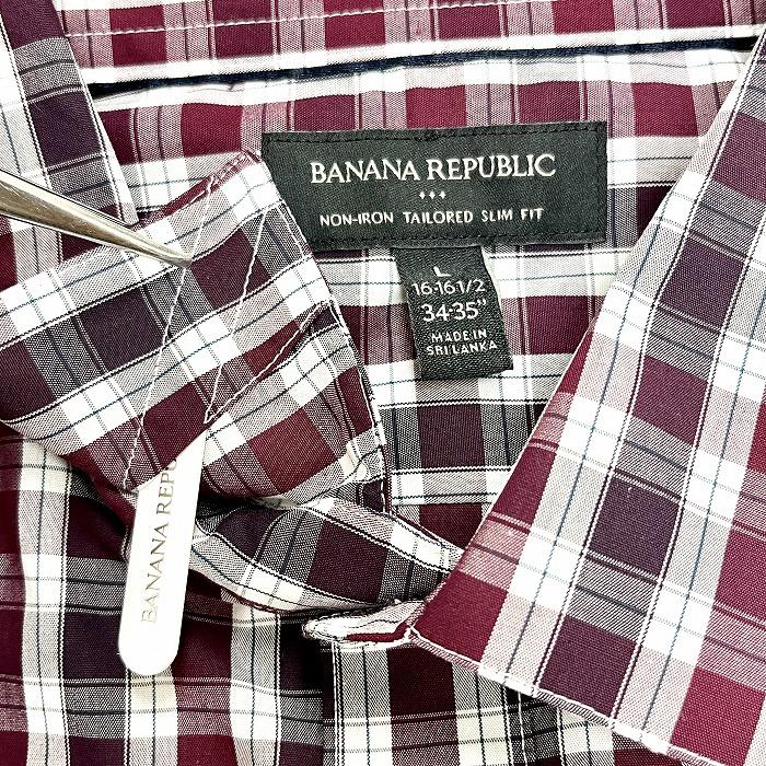 バナナリパブリック BANANA REPUBLIC シャツ チェック カラーキーパー入り 長袖 綿100% L ワインレッド×ホワイト×グリーン 赤紫系 メンズ｜undo-rowa｜03