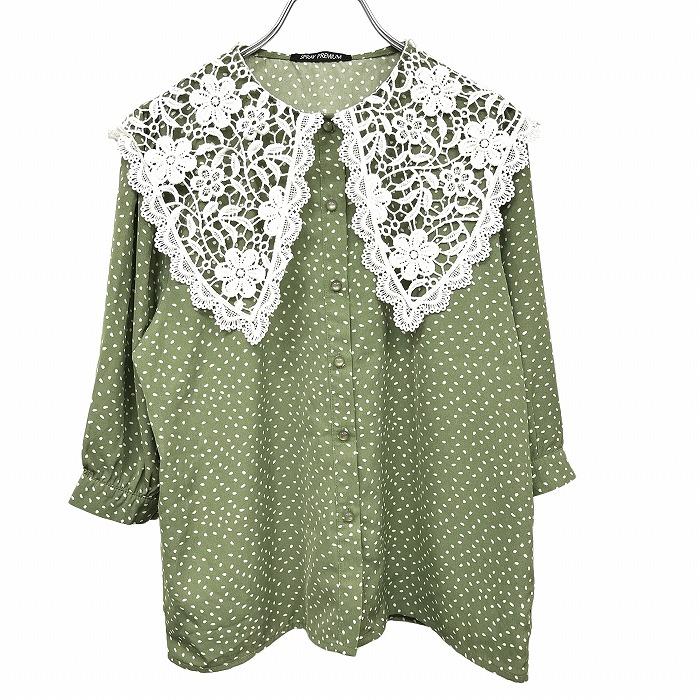 スプレイ SPRAY PREMIUM シャツ ブラウス 7分袖 手書き風のドット柄 花柄レースのクエーカーカラー ポリ100% M グリーン 緑×白 レディース | SpRay