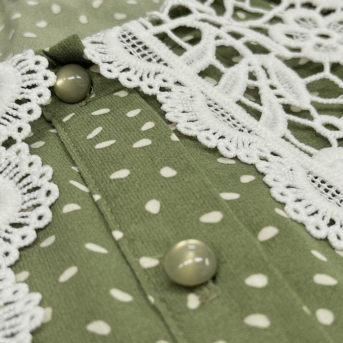 スプレイ SPRAY PREMIUM シャツ ブラウス 7分袖 手書き風のドット柄 花柄レースのクエーカーカラー ポリ100% M グリーン 緑×白 レディース | SpRay | 04