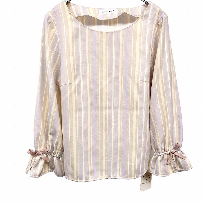 Couture Brooch プルオーバーシャツ ストライプ 袖口スリット 袖口フレア 長袖 ポリ×レーヨン M 紫×黄×茶×白 レディース