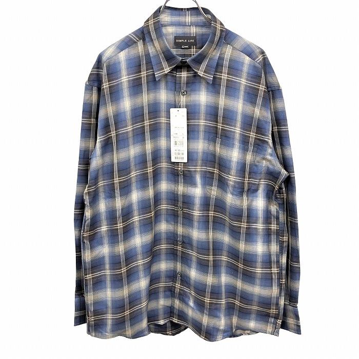 シンプルライフ SIMPLE LIFE シャツ チェック 長袖 胸ポケット 日本製 綿100% L ネイビー 紺×オレンジ×茶×ベージュ メンズ