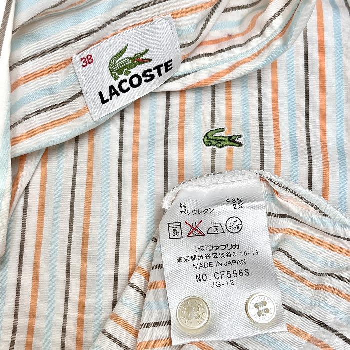 ラコステ LACOSTE シャツ オープンカラー スキッパー ストライプ 7分袖 綿×ポリウレタン 38 ホワイト×オレンジ×ブルー 売れ筋商品|||レディース LACOSTE ラコステ シャツ オープンカラー スキッパー ストライプ