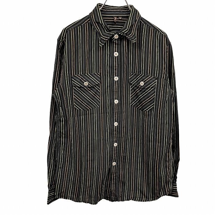 Gregoire シャツ ストライプ ワイヤー襟 両胸フラップポケット 長袖 ロングスリーブ 綿100% M ブラック 黒×オレンジ×黄 メンズ | 