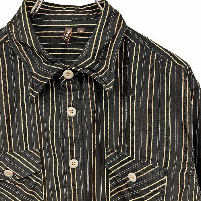 Gregoire シャツ ストライプ ワイヤー襟 両胸フラップポケット 長袖 ロングスリーブ 綿100% M ブラック 黒×オレンジ×黄 メンズ |  | 01