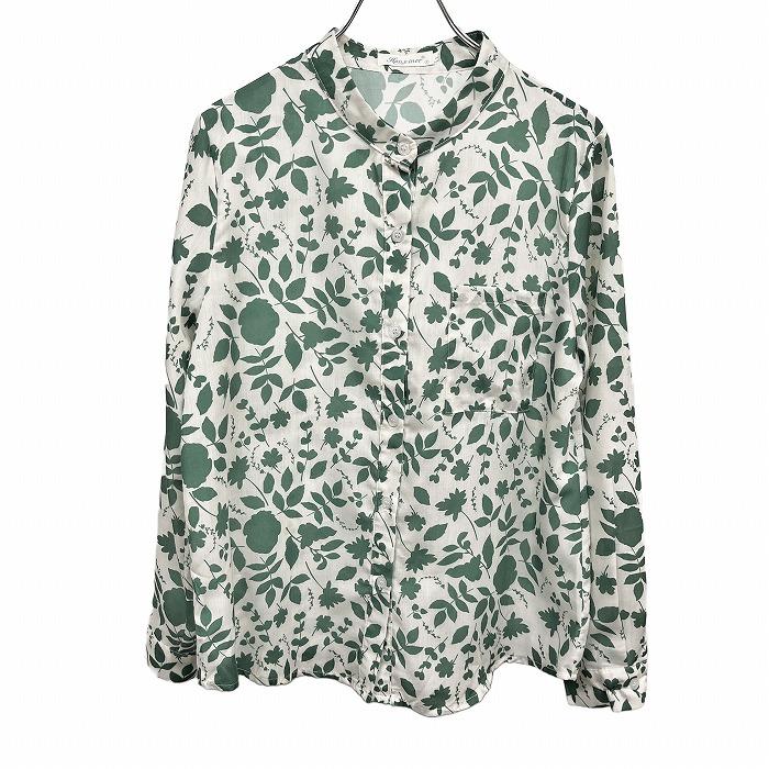 ハンシナー Hanxiner 薄手 バンドカラー シャツ 植物柄 葉っぱ柄
