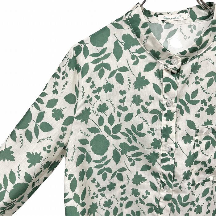 ハンシナー Hanxiner 薄手 バンドカラー シャツ 植物柄 葉っぱ柄