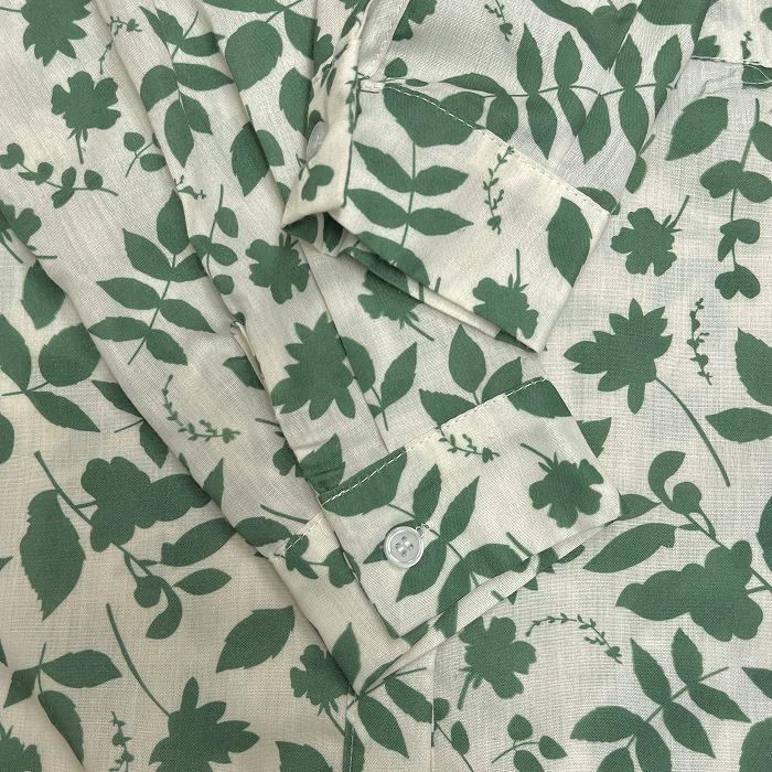 ハンシナー Hanxiner 薄手 バンドカラー シャツ 植物柄 葉っぱ柄