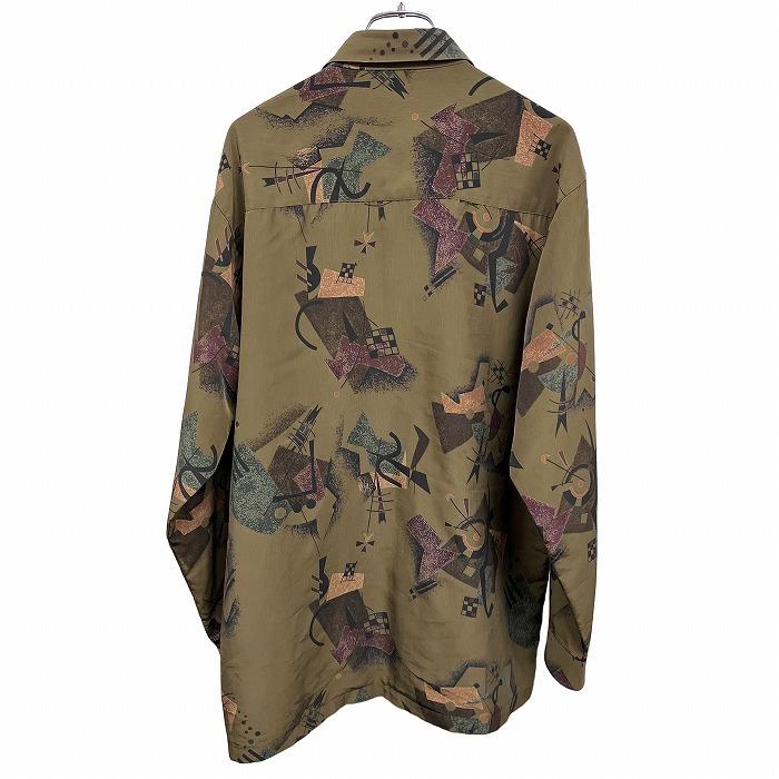 ボスピアーズ BOTH PIERS 少し薄手 シャツ 総柄 アート柄 長袖 ポリ100% L グリーンブラウン カーキ系 カーキ×茶×緑×紫×黒 メンズ |  | 01