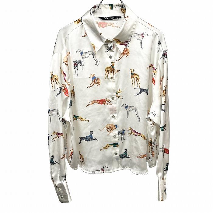 ザラ 若干透け感 シャツ 犬のイラスト 丈短め シェルボタン 長袖 ポケット無し ポリ100% L オフホワイト 白系×マルチカラー レディース | ZARA