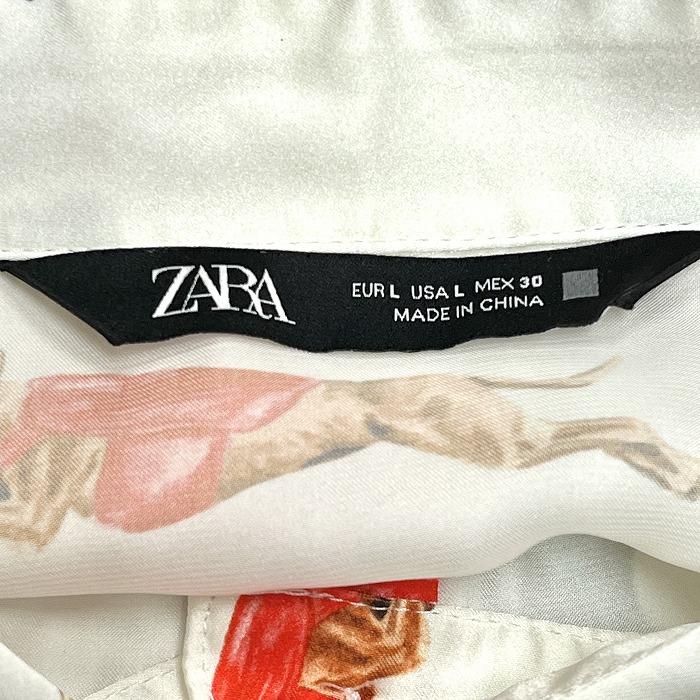 ザラ 若干透け感 シャツ 犬のイラスト 丈短め シェルボタン 長袖 ポケット無し ポリ100% L オフホワイト 白系×マルチカラー レディース | ZARA | 05