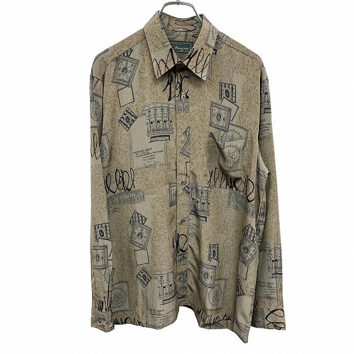 Artpal club 総柄シャツ ボックスカット 長袖 胸ポケット 日本製 ポリ100% M ブラウン 茶×杢ダークグレーベージュ×黒 メンズ | 