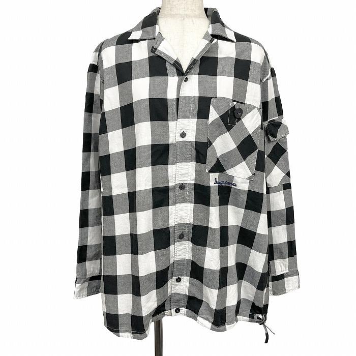 ドラッグストアーズ オープンカラーシャツ 開襟 ボックスカット バッファローチェック 長袖 日本製 綿100% F ブラック 黒×白 レディース | drug store's