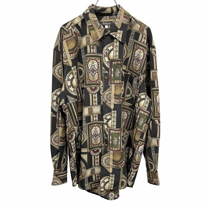 Belluna 総柄シャツ 長袖 胸ポケット レギュラーカラー ロングスリーブ L ブラック 黒×ベージュ×赤×緑×紺 メンズ | 