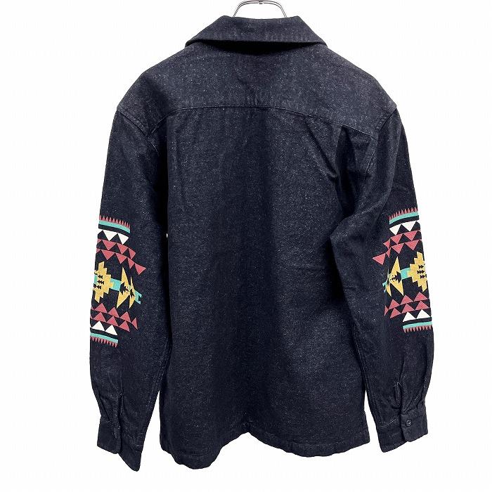 ロデオクラウンズ 微起毛 デニムシャツ 開襟 ナバホ柄 プリント 長袖 綿100% M ネイビー 紺×赤茶系×緑×黄×白 レディース(メンズ？) | Rodeo Crowns | 01