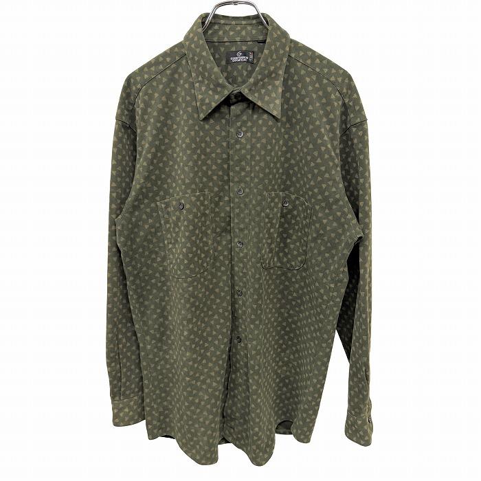 GIANFRANCO OTTAVIANI ITALY 微起毛 シャツ ベロア系 三角形柄 トライアングル柄 長袖 両胸ポケット L グリーン 緑×ベージュ メンズ | 