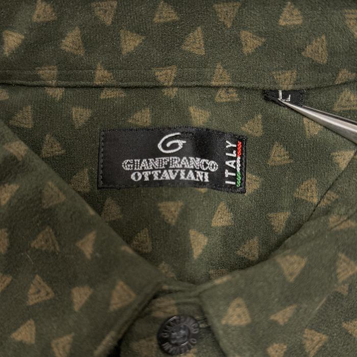 GIANFRANCO OTTAVIANI ITALY 微起毛 シャツ ベロア系 三角形柄 トライアングル柄 長袖 両胸ポケット L グリーン 緑×ベージュ メンズ |  | 03