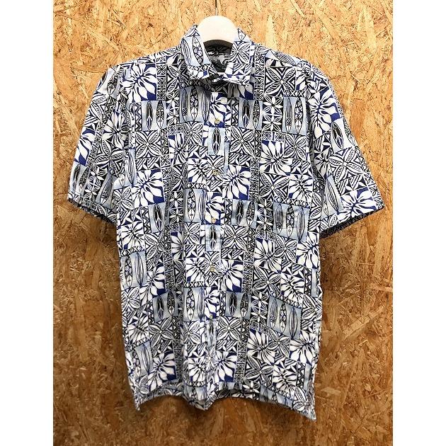 【USA製】 Maui Sunset マウイサンセット S メンズ シャツ アロハ柄 花×リーフ×サーフボード 半袖 ポリ×綿 ブルー×ホワイト×ブラック | 