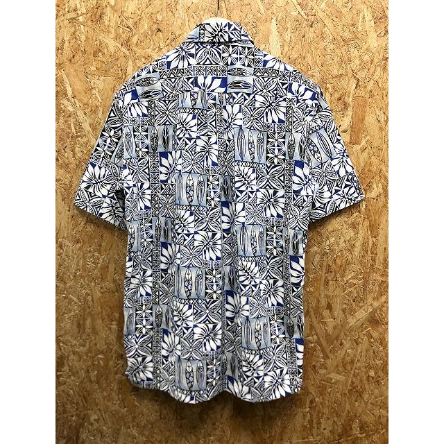【USA製】 Maui Sunset マウイサンセット S メンズ シャツ アロハ柄 花×リーフ×サーフボード 半袖 ポリ×綿 ブルー×ホワイト×ブラック |  | 04