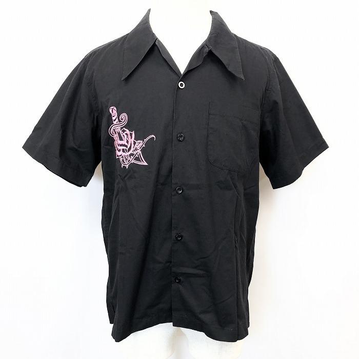 JKPD BACK STREET CRAWLER バックストリートクローラー M メンズ オープンカラーシャツ 両面刺繍 薔薇 剣 スカル 半袖 ブラック×ピンク 黒 | 