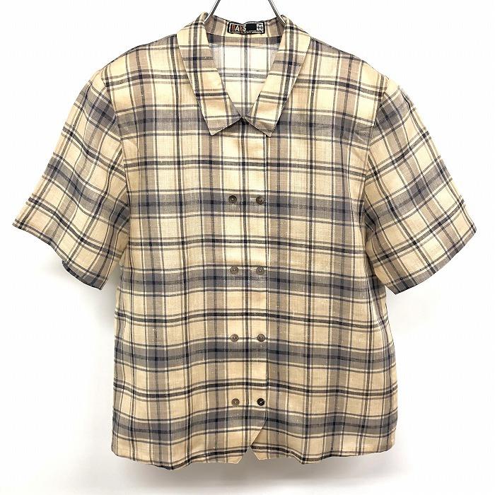 DAKS ダックス M 9R 売れ筋商品|||レディース 女性 薄手 シャツ 肩パッド脱着可 チェック ポケット無し 半袖 ポリ×麻 ベージュブラウン系 ネイビー