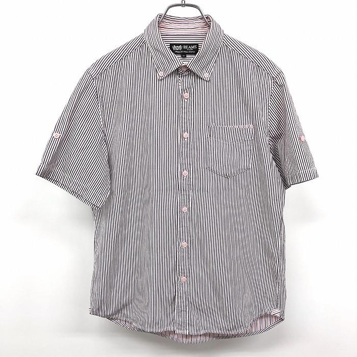 Beams ビームス M メンズ 男性 シャツ ストライプ 内側がカラフル ボタンダウン 半袖 胸ポケット 綿100 パープル ピンク ホワイト 紫 Ss Undo Rowa ヤフー店 通販 Yahoo ショッピング