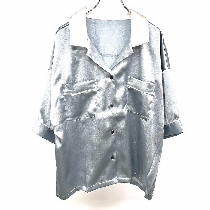 クティール kutir 光沢 パジャマシャツ オープンカラー 無地 5分袖 ポリエステル×ポリウレタン F ブルー系×ホワイト 青系 レディース | kutir