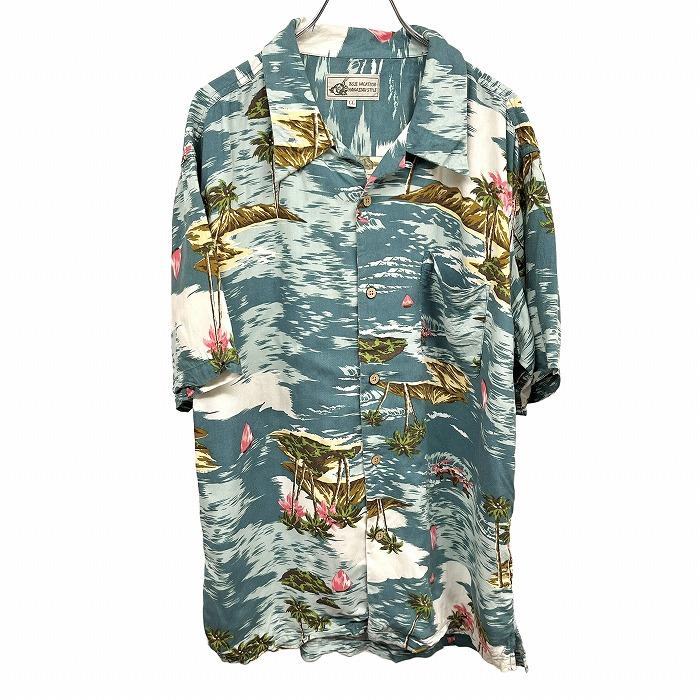 BLUE VACATION HAWAIIAN STYLE アロハシャツ ヤシの木 海 ヨット 山