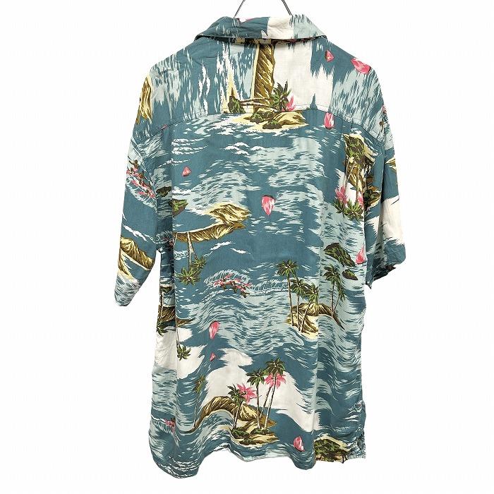 BLUE VACATION HAWAIIAN STYLE アロハシャツ ヤシの木 海 ヨット 山