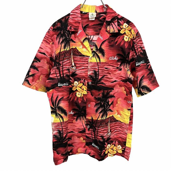 ROYAL CREATIONS オープンカラーシャツ 開襟 アロハ柄 花 ヤシの木 海 山 ヨット 半袖 胸ポケット ハワイ製 綿100% M レッド 赤 メンズ | 