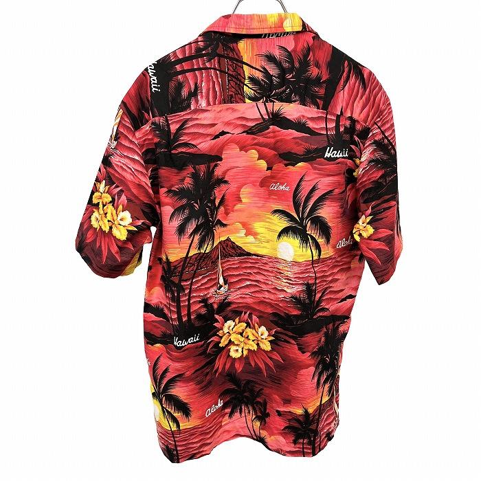 ROYAL CREATIONS オープンカラーシャツ 開襟 アロハ柄 花 ヤシの木 海 山 ヨット 半袖 胸ポケット ハワイ製 綿100% M レッド 赤 メンズ |  | 01