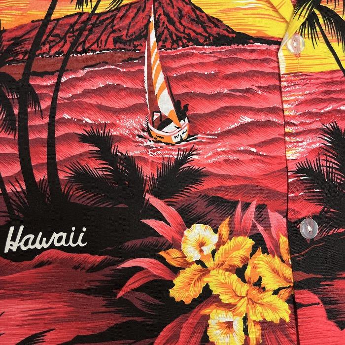 ROYAL CREATIONS オープンカラーシャツ 開襟 アロハ柄 花 ヤシの木 海 山 ヨット 半袖 胸ポケット ハワイ製 綿100% M レッド 赤 メンズ |  | 02
