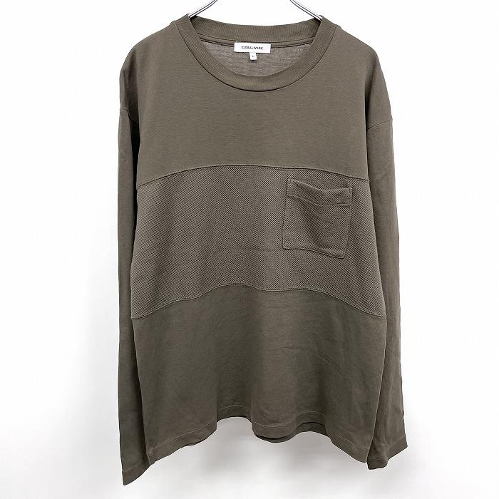 グローバルワーク GLOBAL WORK Tシャツ 一部鹿の子 切り替えし生地 無地 丸首 長袖 胸ポケット 綿100% L ヘザーグリーンカーキ系 メンズ | GLOBAL WORK