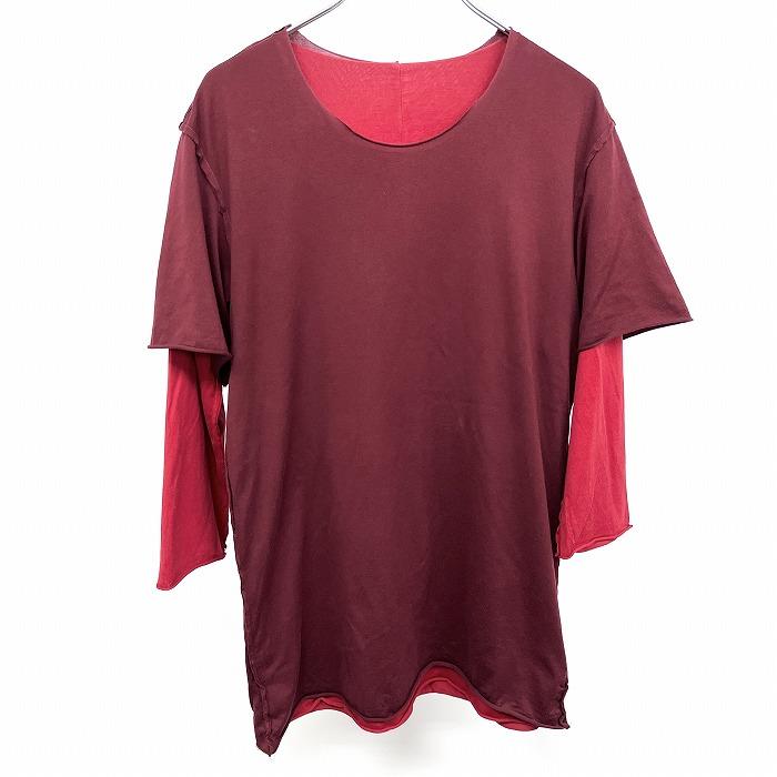 ATTACHMENT アタッチメント 2 メンズ 男性 レイヤードTシャツ カットオフ 重ね着 無地 Uネック 7分袖 日本製 綿100% ボルドー×レッド 赤系 | ATTACHMENT