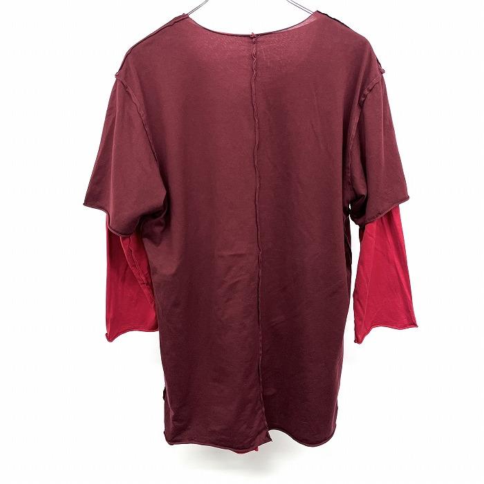 ATTACHMENT アタッチメント 2 メンズ 男性 レイヤードTシャツ カットオフ 重ね着 無地 Uネック 7分袖 日本製 綿100% ボルドー×レッド 赤系 | ATTACHMENT | 01