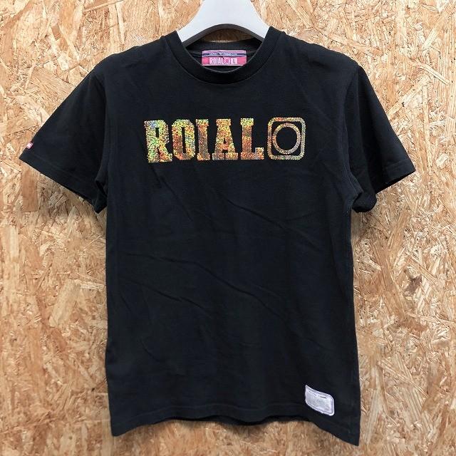 ROIAL ロイヤル Lサイズ レディース Tシャツ 両面スパンコールロゴ 丸首 クルーネック カットソー 半袖 ブラック×ゴールド系 黒｜undo-rowa