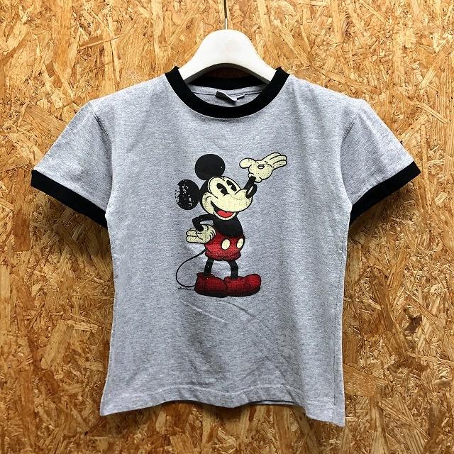 DISNEY ディズニー M レディース(キッズ？) Tシャツ 手を挙げるミッキーマウス プリント 丸首 カットソー 半袖 ヘザーグレー×ブラック｜undo-rowa