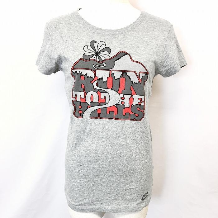 日本製 丸首 Hills The To Run 山 イラスト プリント カットソー Tシャツ 女性 レディース L ナイキ Nike イ プリント カットソー Tシャツ 女性 レディース L ナイキ Nike 半袖 杢灰色 ヘザーグレー 綿100 Tシャツ カットソー