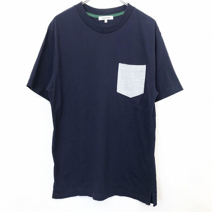 GLOBAL WORK グローバルワーク L メンズ 男性 Tシャツ カットソー ストライプ柄クレープシャツ生地ポケット 丸首 半袖 綿100% ネイビー 紺｜undo-rowa