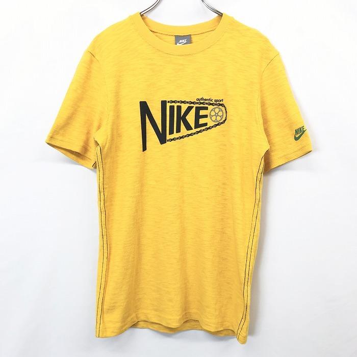 NIKE ナイキ M メンズ 男性 Tシャツ カットソー ロゴと自転車のチェーンプリント サイドライン 丸首 半袖 綿100% ヘザーイエロー 杢黄色｜undo-rowa