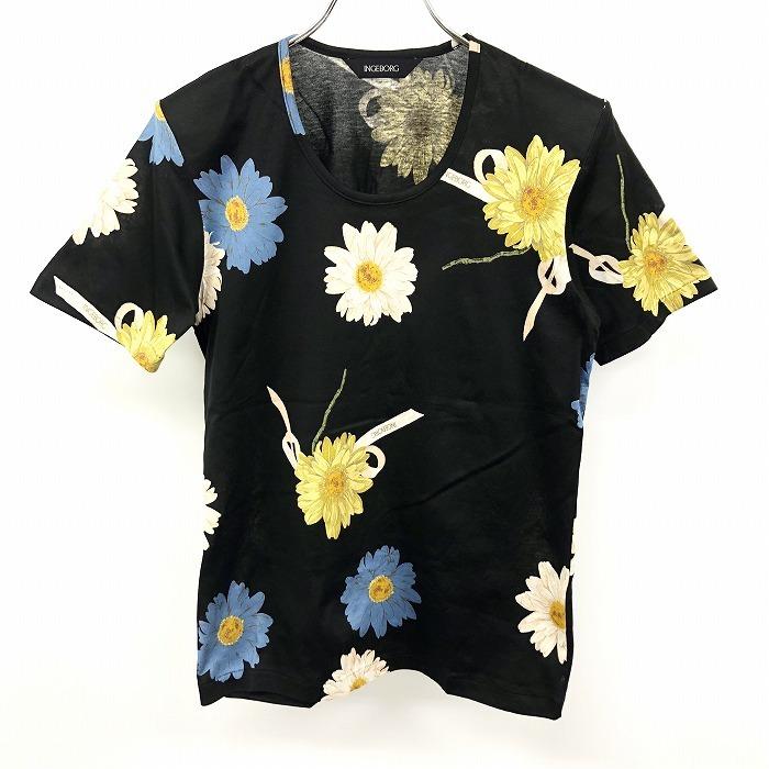 INGEBORG [ピンクハウス] インゲボルグ - レディース Tシャツ カットソー 肩パッド入り 花柄 ロゴ Uネック 半袖 綿100% ブラック 黒｜undo-rowa