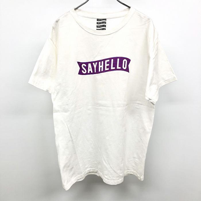 セイハロー SAYHELLO Tシャツ カットソー ロゴプリント 英字 文字 ボーダー 丸首 半袖 綿100% M ヘザーオフホワイト 杢白系 メンズ 男性 | SAYHELLO
