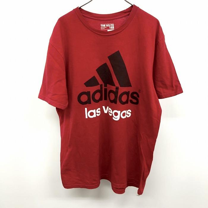 アディダス adidas THE GO-TO TEE Tシャツ ロゴプリント 英字 LAS VEGAS ラスベガス 半袖 綿100% L レッド×ブラック×ホワイト 赤 メンズ｜undo-rowa