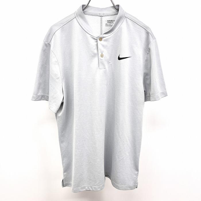 NIKE GOLF ナイキ ゴルフ XL メンズ 若干薄手 Tシャツ ヘンリーネック ロゴ 半袖 ポリ×綿 ヘザーグレーネイビー系×ブラック