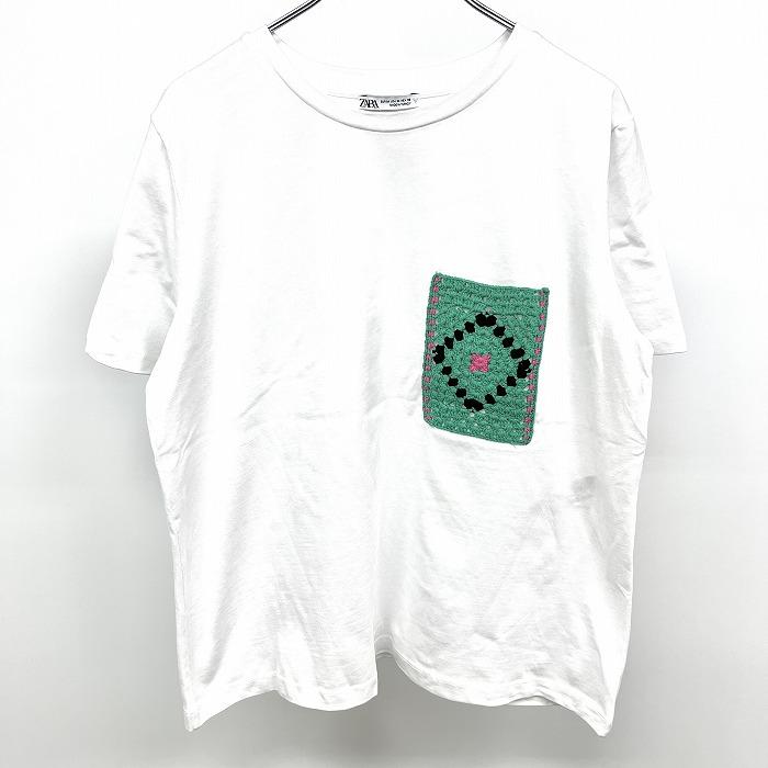 ZARA ザラ Tシャツ ニットポケット 丸首 クルーネック 半袖 綿100% M 