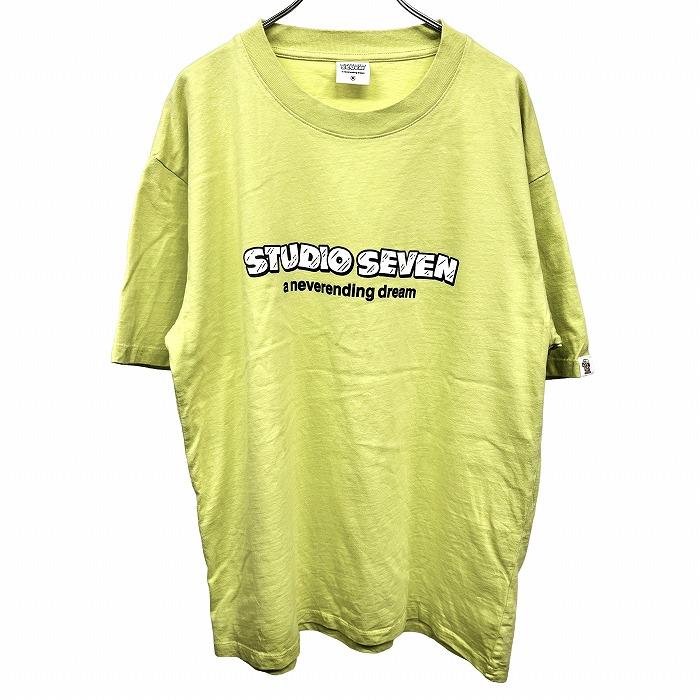 ジーユー|スタジオセブン GU|STUDIO SEVEN Tシャツ ロゴプリント 英字 文字 半袖 丸首 カットソー 綿100% M グリーン 緑×黒×白 メンズ | ジーユー