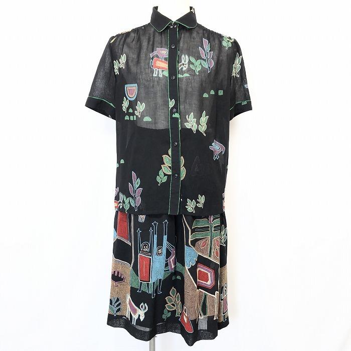 デルマーレ DEL MARE 薄手 セットアップ 上下セット 半袖シャツ×スカート 透け感 スカート裏地付き 民族柄 イラスト 黒 レディース | 